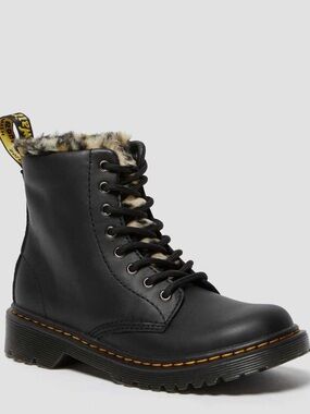 Dr. Martens Serena Black Leather Lace-Up Boots with Leopard Faux Fur Trim
